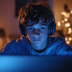 Portrait of teenage boy playing video games online on laptop with wireless headset at night in dimly lit room, Generative AI