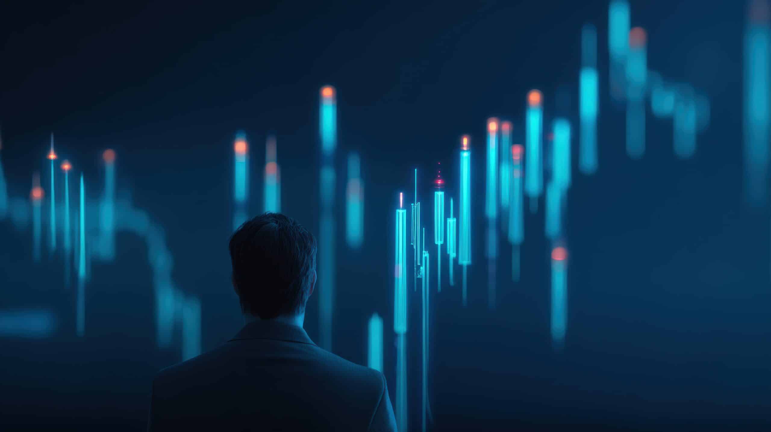 A businessman analyzes digital stock market trends on a futuristic screen, showcasing data analytics and investment.
