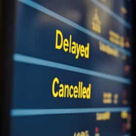 Flight status board displays delayed and cancelled flights at an airport terminal